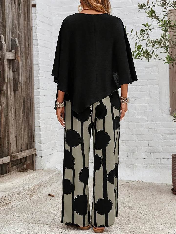 Milavie™ | Women’s Asymmetric Top and Printed Pant Set