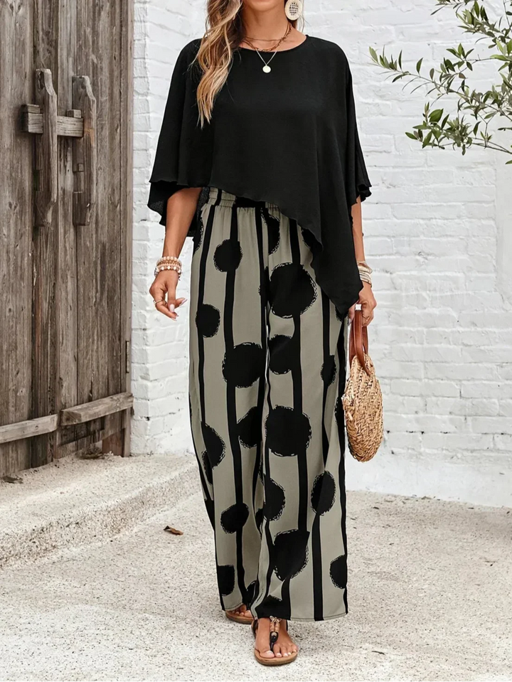 Milavie™ | Women’s Asymmetric Top and Printed Pant Set