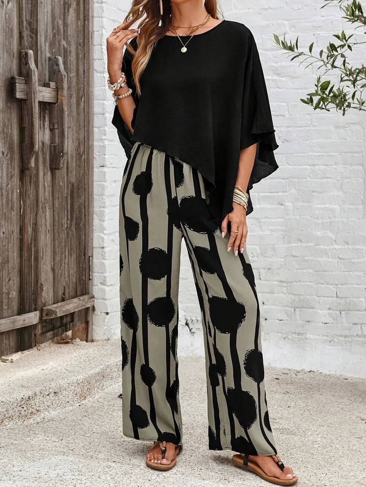 Milavie™ | Women’s Asymmetric Top and Printed Pant Set