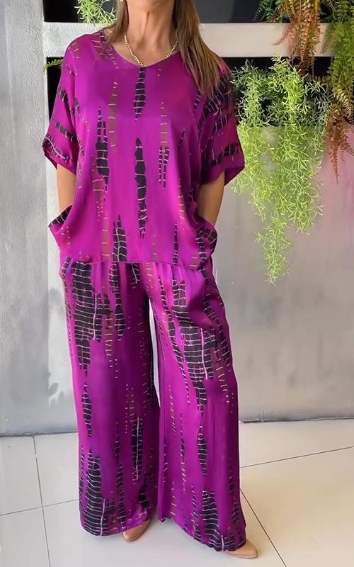 Casual Satin Two-Piece Set with Round Neckline