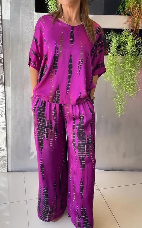 Casual Satin Two-Piece Set with Round Neckline